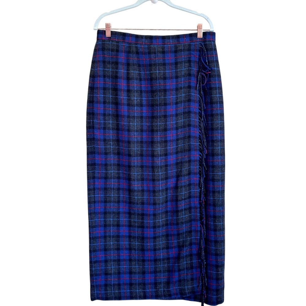 Joan Leslie Vintage Fringe Wrap Midi Skirt 16 Blue Gray Plaid Wool Tweed Preppy